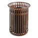 A brown steel slatted Lancaster Table & Seating outdoor trash can with a flat lid.