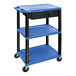 A blue and black Luxor plastic utility cart with shelves and heavy-duty casters.