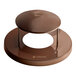 A brown round rain bonnet lid for a steel outdoor trash can.