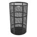 A black metal trash can with mesh.