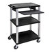 A black and silver Luxor plastic utility cart with three shelves and a black tray.