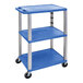 A Luxor blue plastic utility cart with three shelves and wheels.