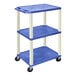 A blue Luxor plastic utility cart with three shelves and heavy-duty casters.