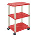 A red rectangular Luxor plastic utility cart with three shelves and heavy-duty casters.