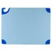 A San Jamar blue and white cutting board with a hook.