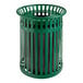 A green steel Lancaster Table & Seating outdoor trash can with a flat black lid.