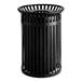 A black slatted steel round outdoor trash can with a flat metal lid.