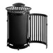 A black Lancaster Table & Seating outdoor trash can with a rain bonnet lid.