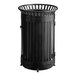 A black metal Lancaster Table & Seating outdoor trash can with a flat lid.