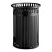 A black metal Lancaster Table & Seating outdoor trash can with a flat lid.