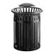 A Lancaster Table & Seating black metal outdoor trash can with a rain bonnet lid.