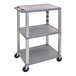 A Luxor gray plastic utility cart with three shelves and wheels.