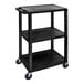 A black Luxor plastic utility cart with three shelves and wheels.