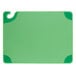 A green San Jamar plastic cutting board with a hook.