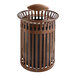 A brown metal Lancaster Table & Seating outdoor trash can with a rain bonnet lid.