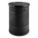 A black metal cylinder with holes, the Lancaster Table & Seating Heavy-Duty Round Black Steel Outdoor Trash Can with Flat Lid.