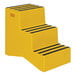 A yellow Vestil three-step step stool with black stripes.