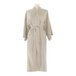 A taupe bath robe with a brown stripe.