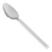 A close-up of a Front of the House Brandon 18/10 stainless steel teaspoon with a long handle and a silver spoon.