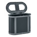 A black and grey Rubbermaid dual stream trash can with the lid open.