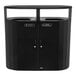 A black Rubbermaid elliptical trash can with two doors.