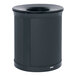 A black Rubbermaid round trash can with a lid.