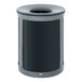 A black and grey Rubbermaid decorative waste receptacle with a lid.