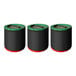 Three black and green cylindrical objects with a green rim and red trim.