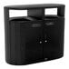 A black rectangular Rubbermaid trash can with two doors.