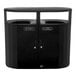 A black Rubbermaid elliptical outdoor trash can with two bins and a lid.