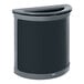 A black and grey Rubbermaid half round trash can with a lid.