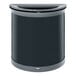 A black and silver Rubbermaid half round waste receptacle with a lid.