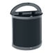 A black and grey Rubbermaid half round trash can.