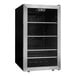 A stainless steel glass door beverage refrigerator with multiple shelves.