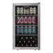 A stainless steel glass door beverage refrigerator filled with cans and bottles.