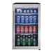 A stainless steel glass door beverage refrigerator with a towel bar handle, stocked with assorted drinks.