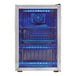 A stainless steel glass door beverage refrigerator with blue interior lighting and two wire shelves.