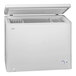 A white Danby chest freezer with the lid open.