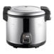 A silver and black Galaxy 60 Cup Electric Rice Cooker with a stainless steel lid.