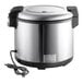 A silver stainless steel Galaxy rice cooker with a black and silver cord.