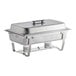 A close-up of a stainless steel Choice Economy rectangular chafer with a lid on a table.