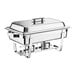 A Choice stainless steel full size chafer with lid on a tray.