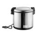 A silver stainless steel Galaxy electric rice warmer with a black cord.