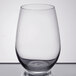 A close up of a clear Libbey Renaissance stemless wine glass.