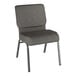 A Lancaster Table & Seating silver vein church chair with gray fabric and metal legs.