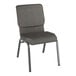 A Lancaster Table & Seating silver vein church chair with gray fabric and metal legs.