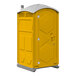 A yellow portable restroom with a white roof.