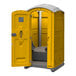 A yellow J & J Echo One portable restroom with open doors.