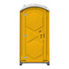 A yellow J & J Echo One portable restroom on wheels with a white roof and door.