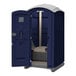 A navy blue J & J Echo One portable restroom with a white door and lid open.